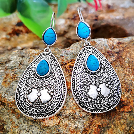 1 Pair Classical Ethnic Style Water Droplets Metal Inlay Turquoise Silver Plated Women's Drop Earrings