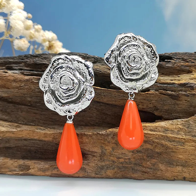 1 Pair Classical French Style Romantic Geometric Rose Natural Stone Resin Copper Drop Earrings Ear Studs