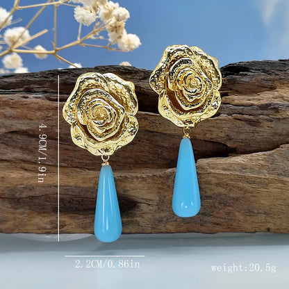 1 Pair Classical French Style Romantic Geometric Rose Natural Stone Resin Copper Drop Earrings Ear Studs