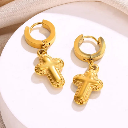 1 Pair Classical Retro Romantic Cross 304 Stainless Steel 18K Gold Plated Drop Earrings