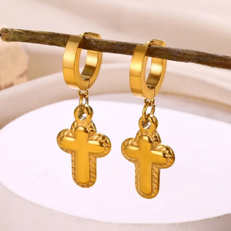 1 Pair Classical Retro Romantic Cross 304 Stainless Steel 18K Gold Plated Drop Earrings