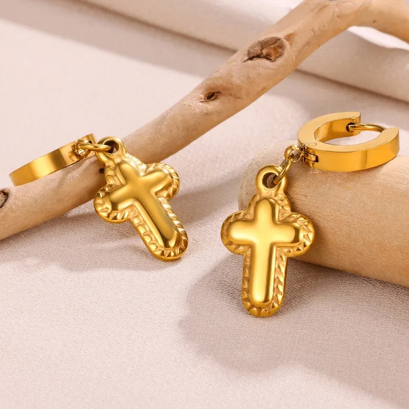 1 Pair Classical Retro Romantic Cross 304 Stainless Steel 18K Gold Plated Drop Earrings