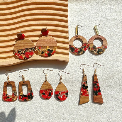 1 Pair Classical Retro Water Droplets Heart Shape Asymmetrical Wood Resin Sequins Resin 14k Gold Plated Drop Earrings