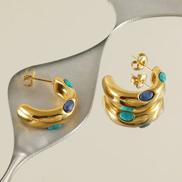 1 Pair Classical Romantic C Shape Inlay Stainless Steel Turquoise 18k Gold Plated Ear Studs