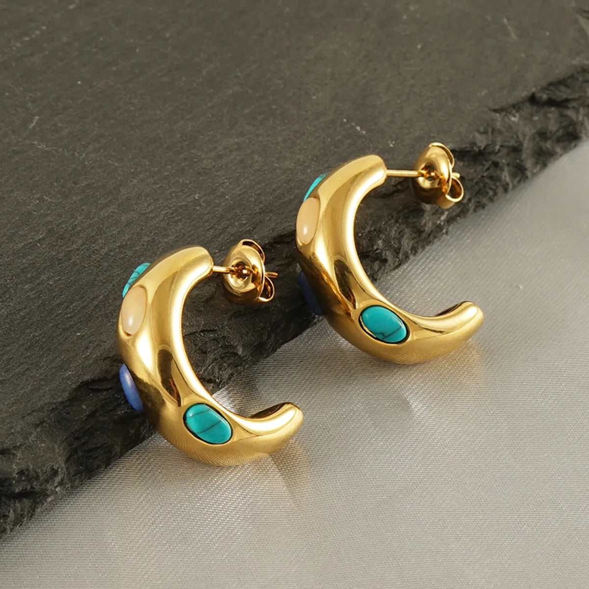 1 Pair Classical Romantic C Shape Inlay Stainless Steel Turquoise 18k Gold Plated Ear Studs