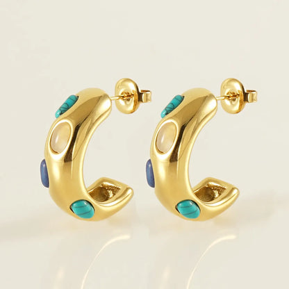 1 Pair Classical Romantic C Shape Inlay Stainless Steel Turquoise 18k Gold Plated Ear Studs