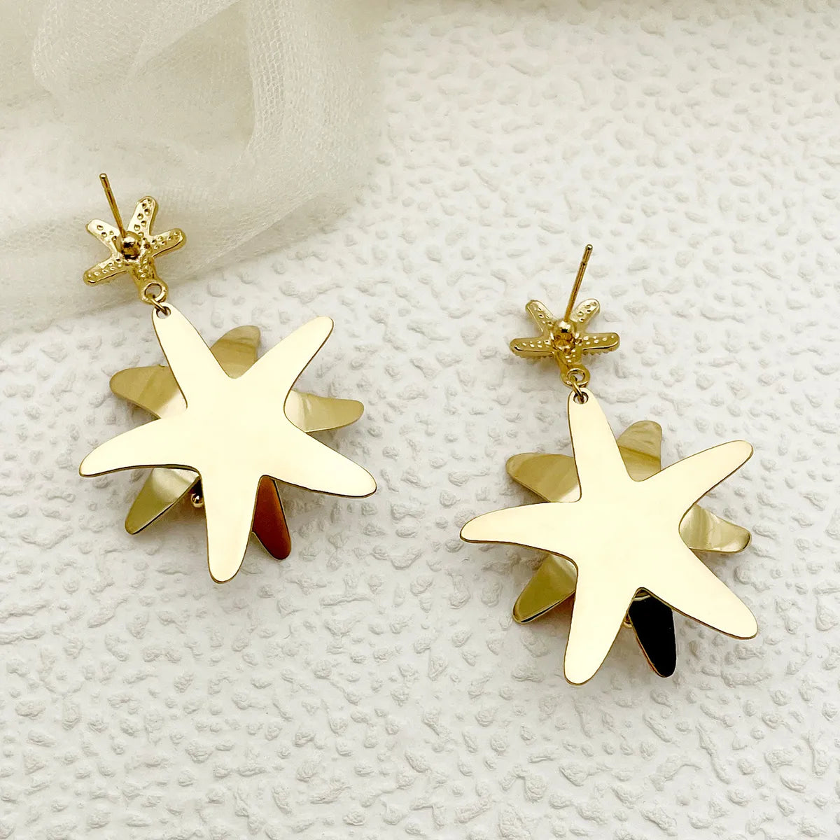 1 Pair Classical Starfish Flower Plating 304 Stainless Steel Natural Stone Pearl Beads 14K Gold Plated Drop Earrings