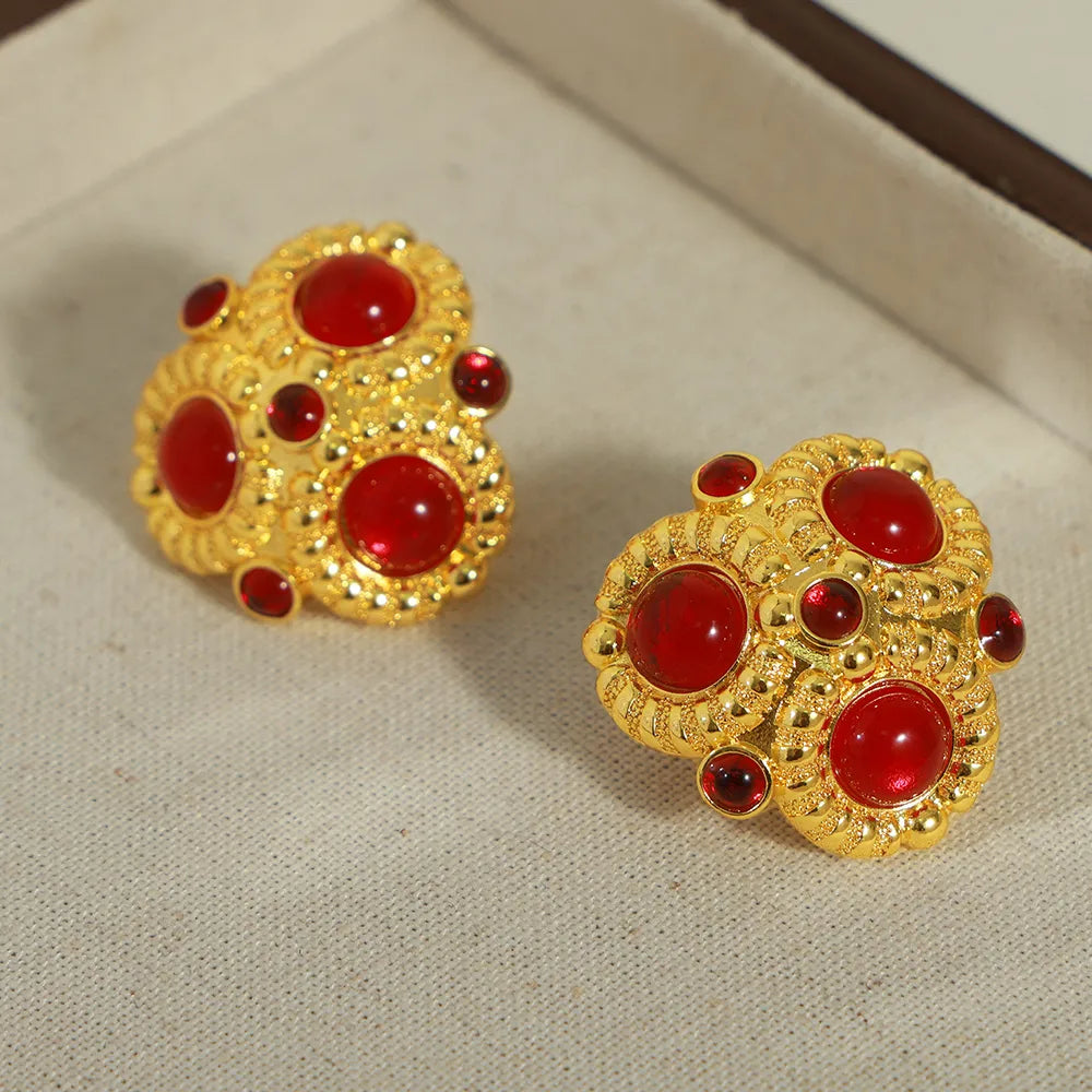 1 Pair Classical Vintage Style Artistic Round Plating Inlay Copper Agate 18k Gold Plated Earrings