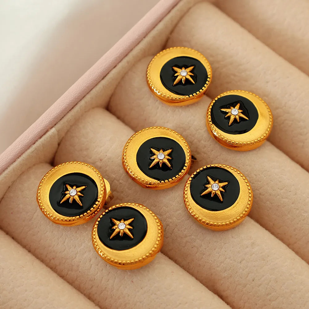 1 Pair Classical Vintage Style Hexagram Circle Enamel Plating 304 Stainless Steel Rhinestone Enamel Rhinestones 18K Gold Plated Ear Studs