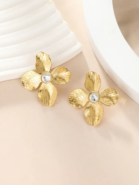 1 Pair Commute Flower Plating Inlay Stainless Steel Zircon 18k Gold Plated Ear Studs