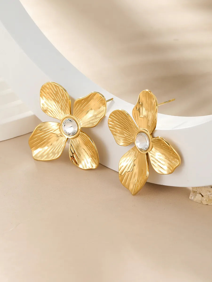 1 Pair Commute Flower Plating Inlay Stainless Steel Zircon 18k Gold Plated Ear Studs