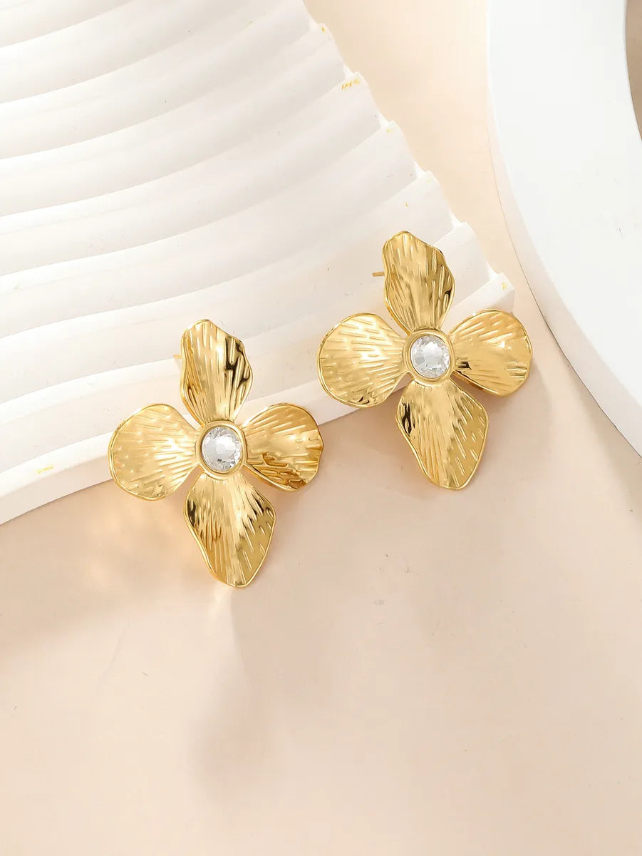 1 Pair Commute Flower Plating Inlay Stainless Steel Zircon 18k Gold Plated Ear Studs