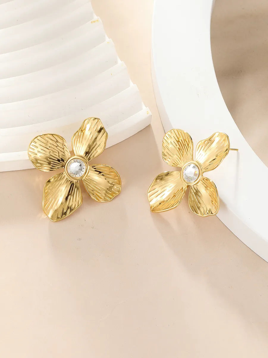 1 Pair Commute Flower Plating Inlay Stainless Steel Zircon 18k Gold Plated Ear Studs