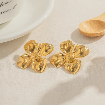 1 Pair Commute Flower Plating Stainless Steel 18k Gold Plated Earrings