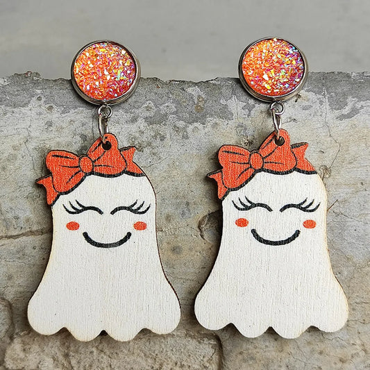 1 Pair Commute Pumpkin Printing Wood Drop Earrings