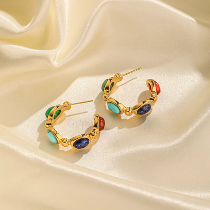 1 Pair Commute Round Plating Inlay Imitation Pearl Copper Turquoise Agate 18k Gold Plated Drop Earrings Ear Studs