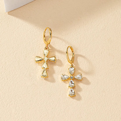 1 Pair Commute Shiny Cross Plating Inlay Alloy Zircon 14k Gold Plated Drop Earrings