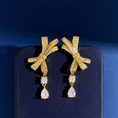 1 Pair Commute Shiny Water Droplets Bow Knot Inlay Copper Diamond Drop Earrings