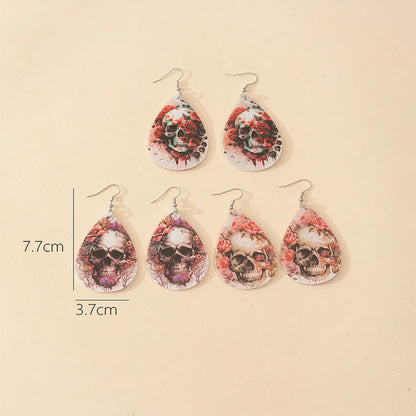 1 Pair Cool Style Water Droplets Bat Skull Printing Pu Leather Earrings