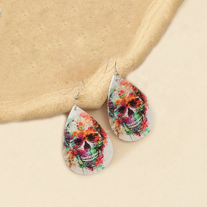 1 Pair Cool Style Water Droplets Bat Skull Printing Pu Leather Earrings