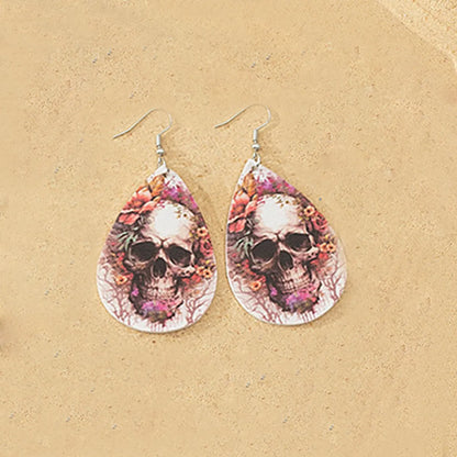 1 Pair Cool Style Water Droplets Bat Skull Printing Pu Leather Earrings