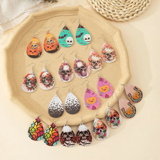 1 Pair Cool Style Water Droplets Bat Skull Printing Pu Leather Earrings