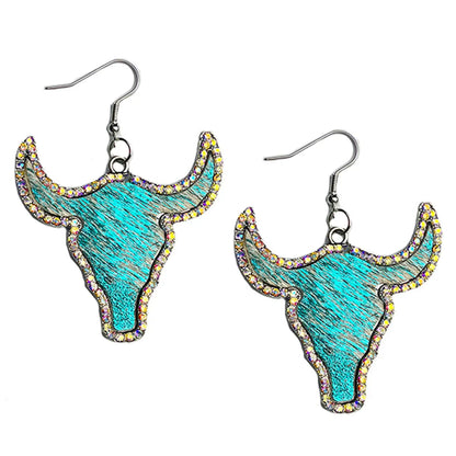 1 Pair Cowboy Style Bull Head Alloy Leather Inlay Rhinestones Women's Drop Earrings