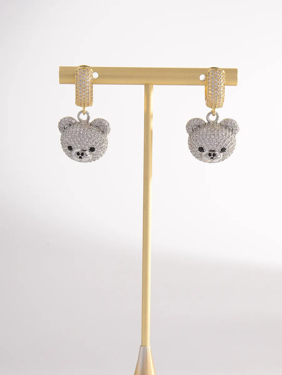 1 Pair Cute Bear Plating Inlay Copper Rhinestones 18k Gold Plated Drop Earrings