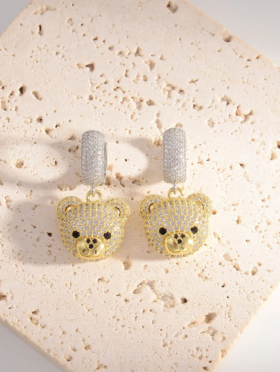 1 Pair Cute Bear Plating Inlay Copper Rhinestones 18k Gold Plated Drop Earrings