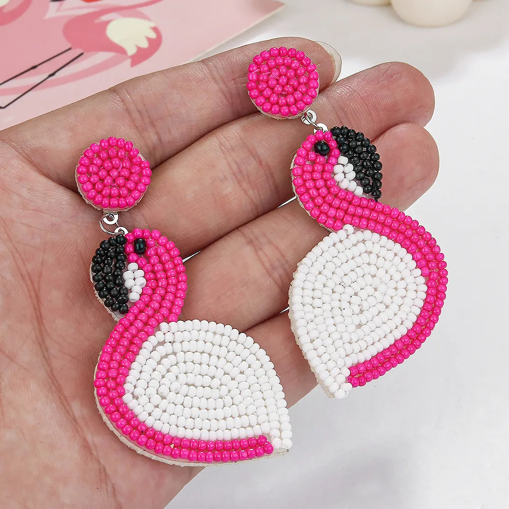 1 Pair Cute Bohemian Flamingo Beaded Nonwoven Glass Drop Earrings