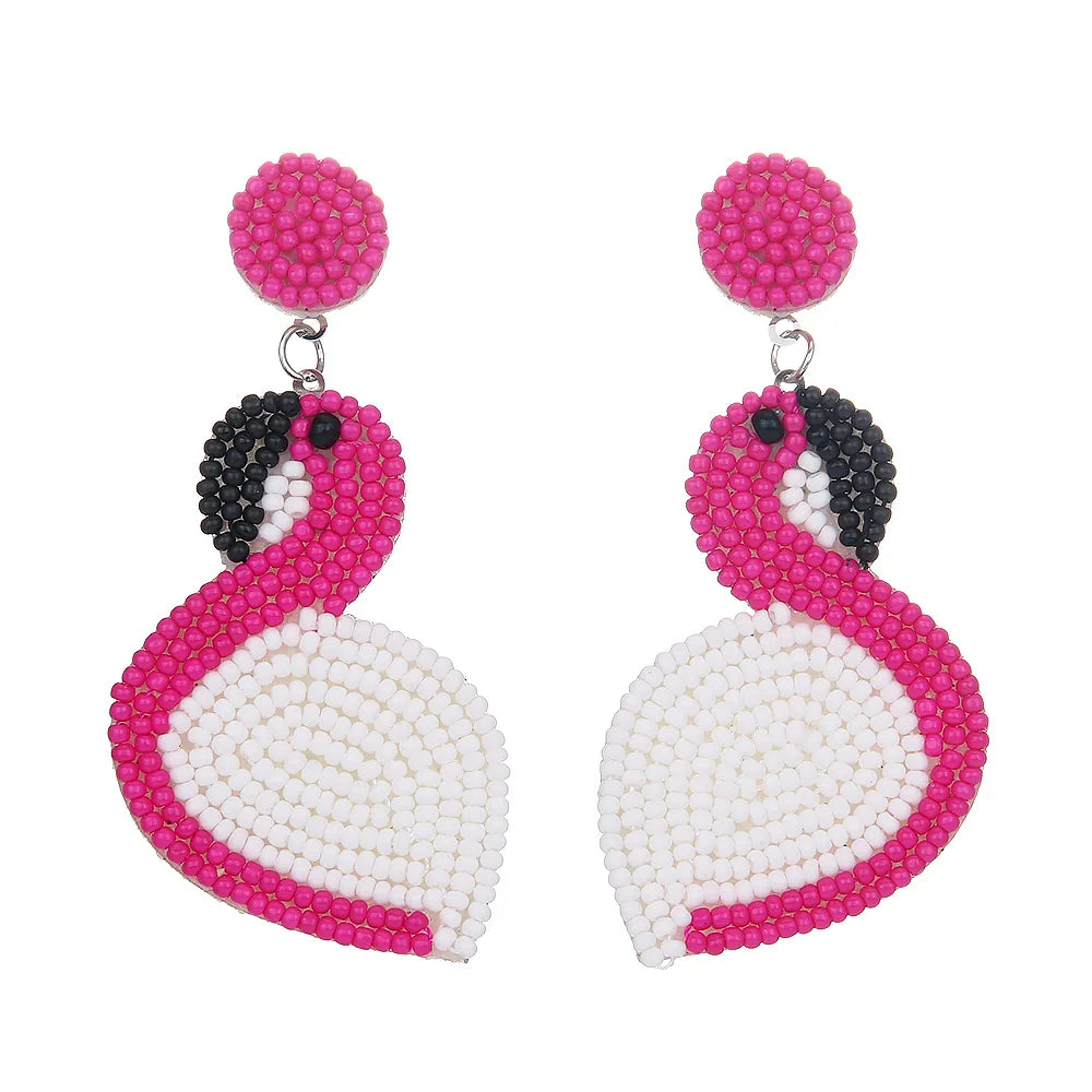 1 Pair Cute Bohemian Flamingo Beaded Nonwoven Glass Drop Earrings