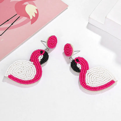 1 Pair Cute Bohemian Flamingo Beaded Nonwoven Glass Drop Earrings