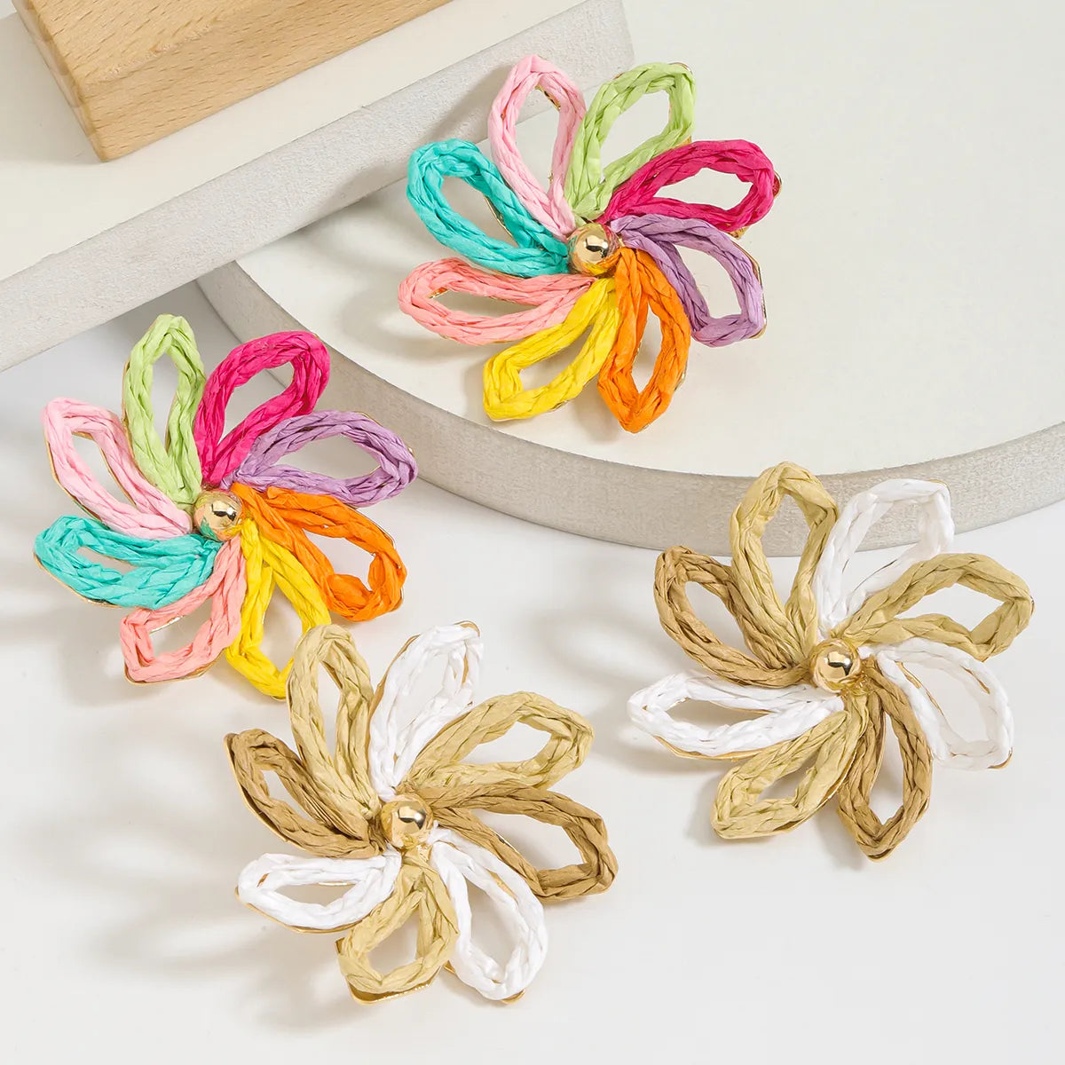 1 Pair Cute Bohemian Pastoral Flower Braid Raffia Zinc Alloy K Gold Plated Ear Studs