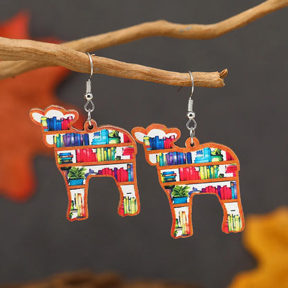 1 Pair Cute Book Animal Wood Silver Plated Drop Earrings