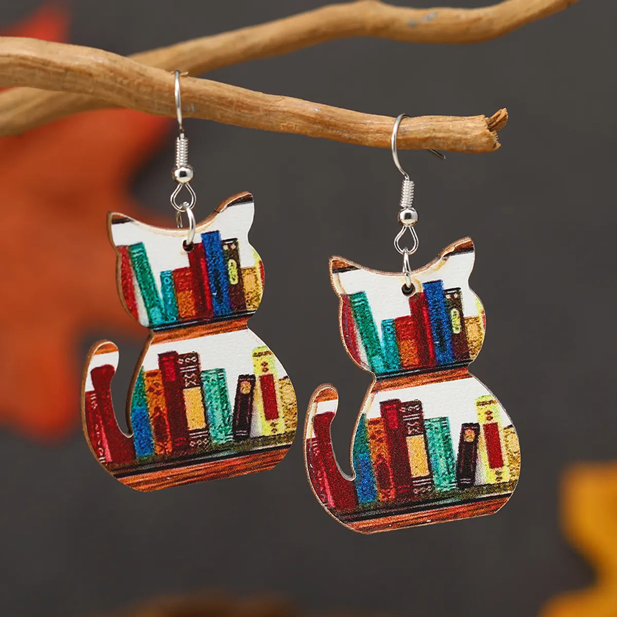 1 Pair Cute Book Animal Wood Silver Plated Drop Earrings