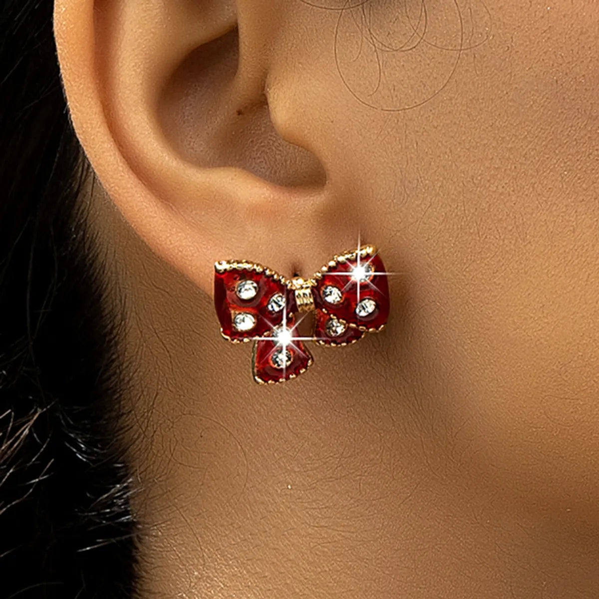 1 Pair Cute Bow Knot Inlay Plastic Zinc Alloy Rhinestones 14K Gold Plated Ear Studs