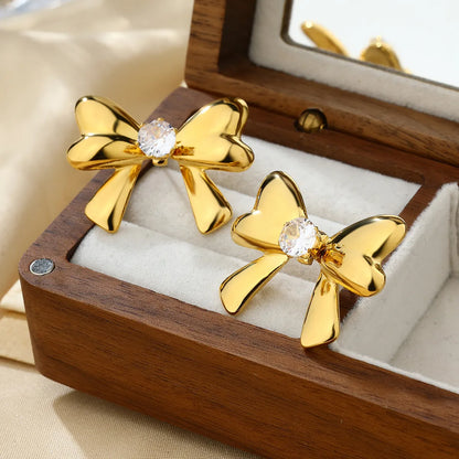 1 Pair Cute Bow Knot Plating Inlay 304 Stainless Steel Zircon 18K Gold Plated Ear Studs