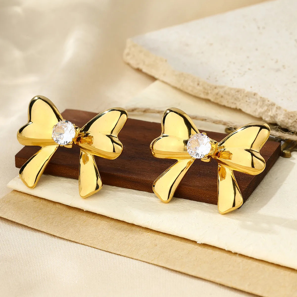 1 Pair Cute Bow Knot Plating Inlay 304 Stainless Steel Zircon 18K Gold Plated Ear Studs