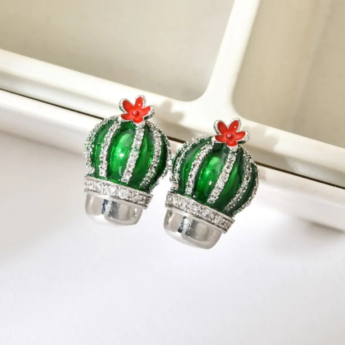 1 Pair Cute Cactus Enamel Plating Inlay Copper Zircon White Gold Plated Ear Studs