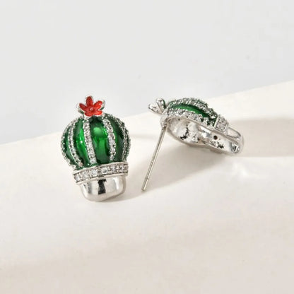 1 Pair Cute Cactus Enamel Plating Inlay Copper Zircon White Gold Plated Ear Studs