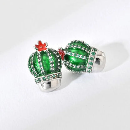 1 Pair Cute Cactus Enamel Plating Inlay Copper Zircon White Gold Plated Ear Studs