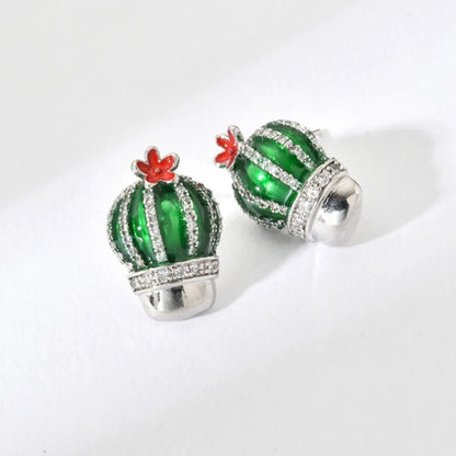 1 Pair Cute Cactus Enamel Plating Inlay Copper Zircon White Gold Plated Ear Studs