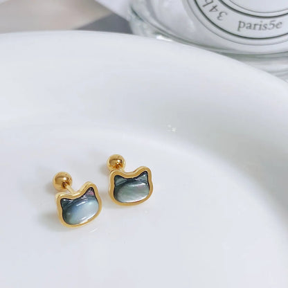 1 Pair Cute Cat Inlay Titanium Steel Shell Ear Studs