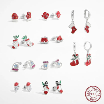 1 Pair Cute Christmas Hat Christmas Socks Epoxy Plating Inlay Sterling Silver Zircon White Gold Plated Rhodium Plated Ear Studs