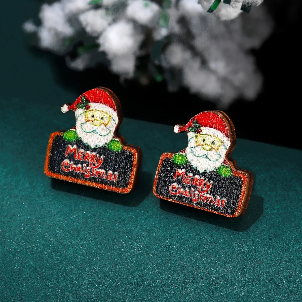 1 Pair Cute Christmas Hat Santa Claus Snowflake Wood Ear Studs