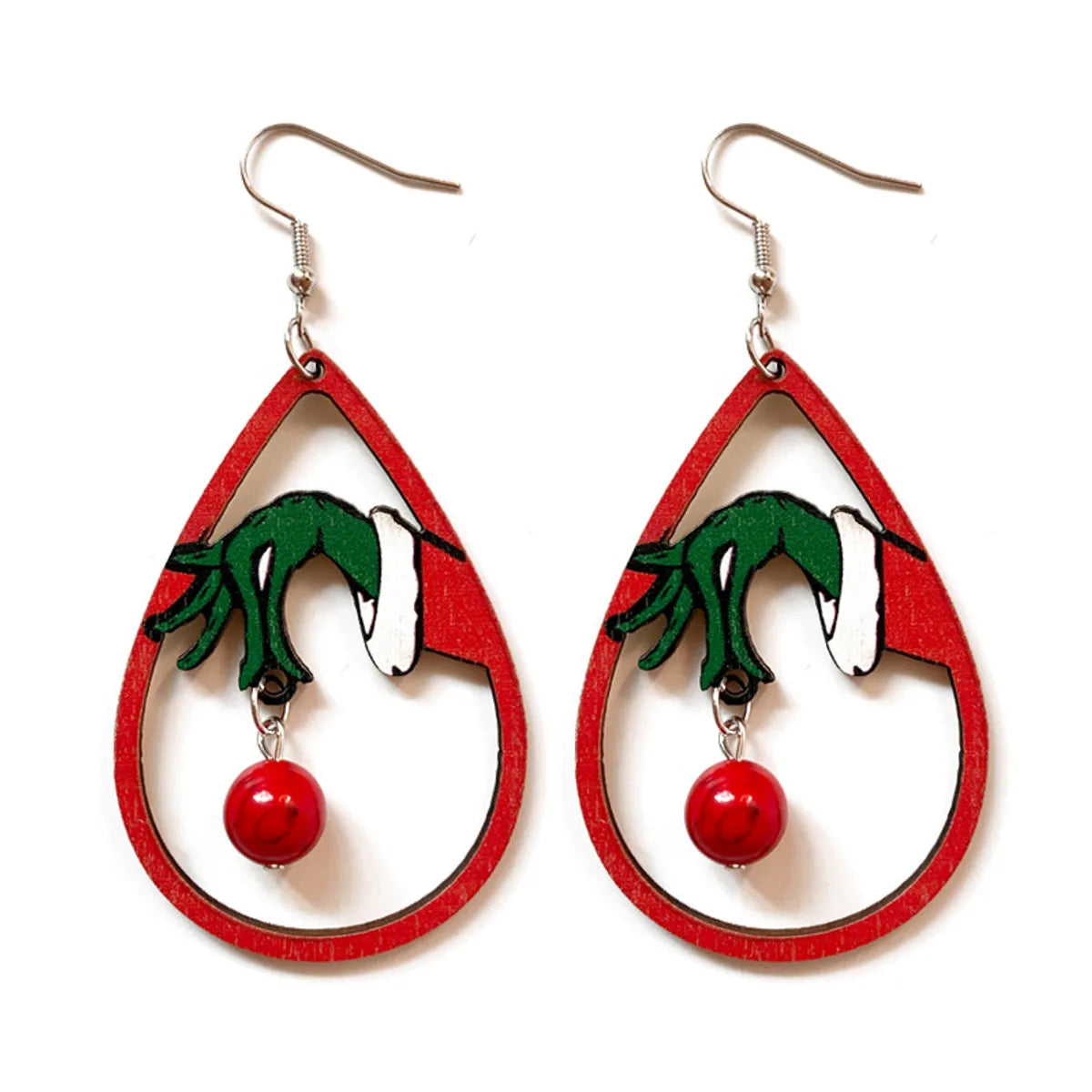 1 Pair Cute Christmas Tree Water Droplets Hollow Out Wood Turquoise Drop Earrings