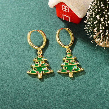 1 Pair Cute Classic Style Christmas Tree Gift Box Bell Inlay Copper Zircon 18K Gold Plated Drop Earrings