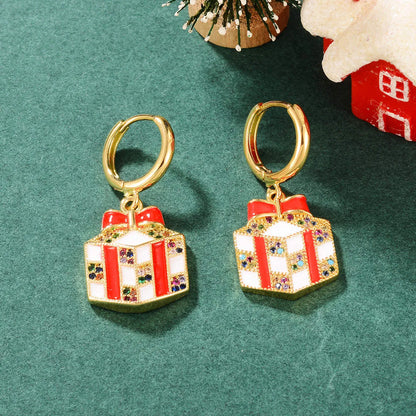 1 Pair Cute Classic Style Christmas Tree Gift Box Bell Inlay Copper Zircon 18K Gold Plated Drop Earrings