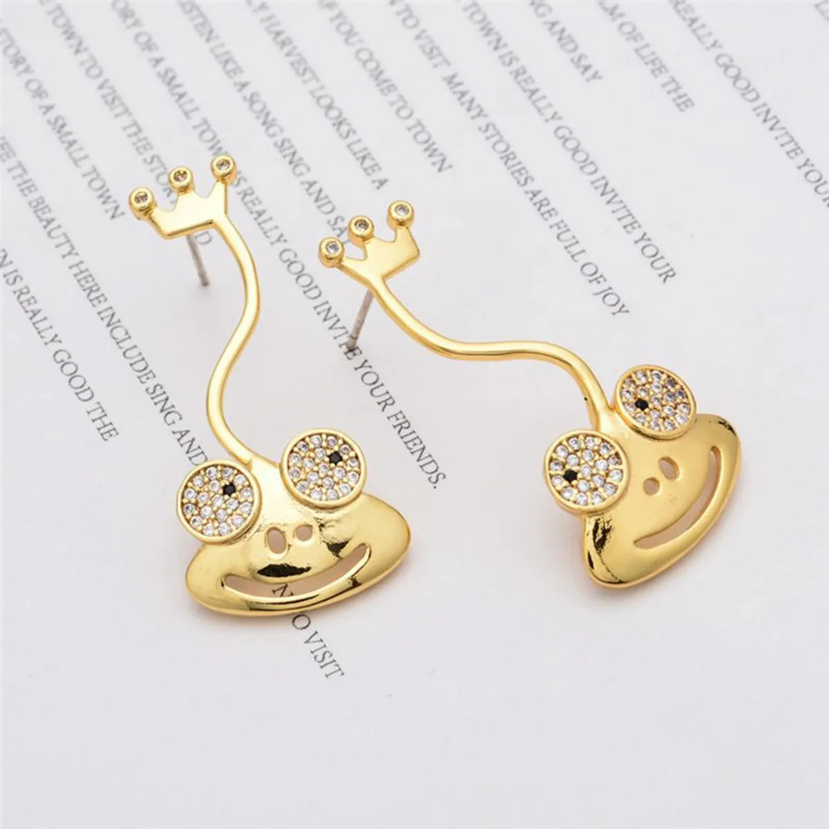 1 Pair Cute Crown Frog Plating Inlay Copper Zircon 18k Gold Plated Drop Earrings