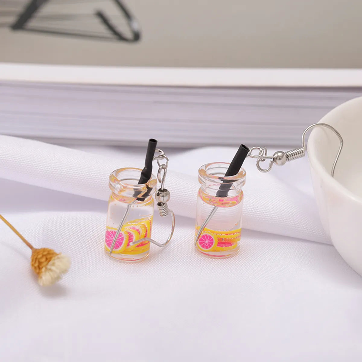 1 Pair Cute Cup Fruit Epoxy Plating Glass Silver Plated Drop Earrings